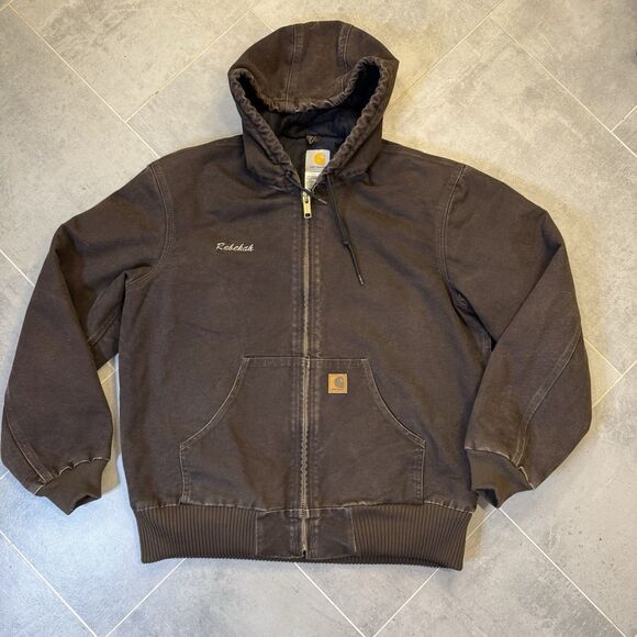 Vintage Carhartt J130 DKB Brown Hooded Jacket Medium Oilfield Embroidery Y2K - Picture 1 of 16